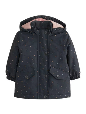 Toddler navy zip-up jacket with allover heart pattern and pink lining.
