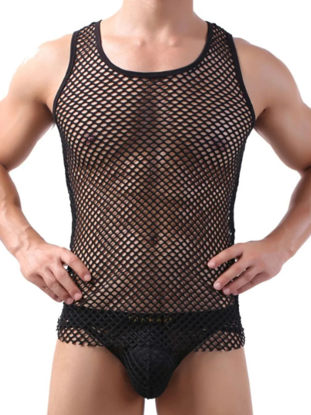 Black openwork tank top with contrast trim and a round neckline.
