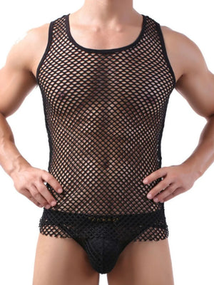 Black openwork tank top with contrast trim and a round neckline.