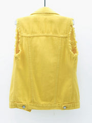 Yellow denim vest with frayed shoulders and distressed details