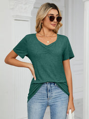 Dark Green ruched V-neck jersey t-shirt with short sleeves.