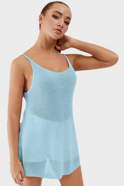 Light blue ribbed knit cami dress with scoop neckline and thin straps.