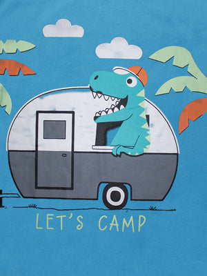 Toddler t-shirt with blue background, graphic of a dinosaur in a camper, and text LET'S CAMP.