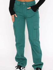 Turquoise utility pocket straight leg trousers with cargo pockets.