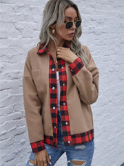 Taupe casual jacket with red and black plaid trim and cuffs.