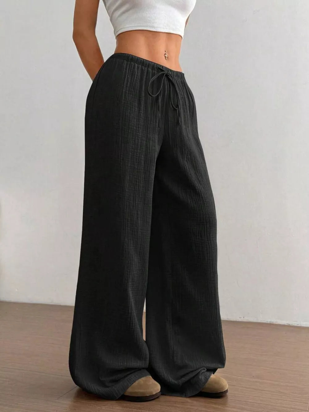 Wide-leg Drawstring Cotton Pants, view 24