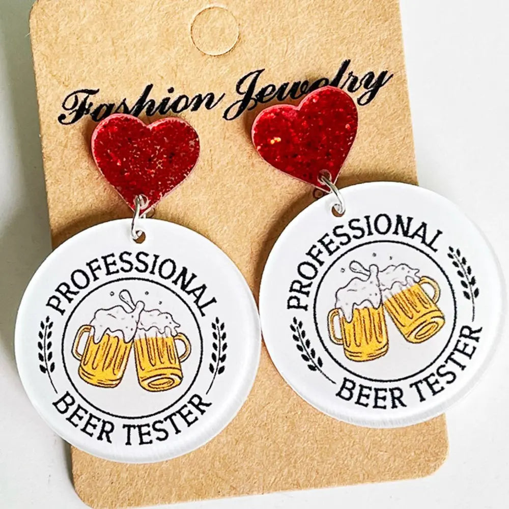 Festive acrylic novelty drop earrings with red glitter hearts and beer mug graphics.