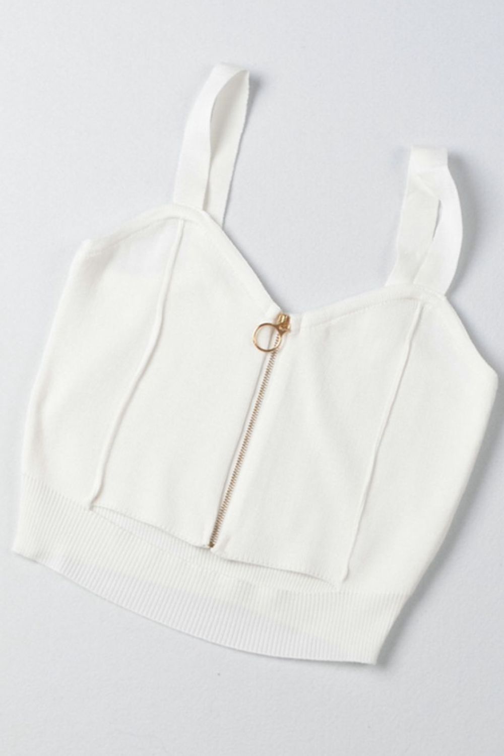 White ribbed knit crop top with gold ring zipper detail