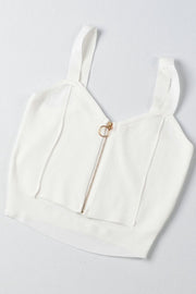 White ribbed knit crop top with gold ring zipper detail