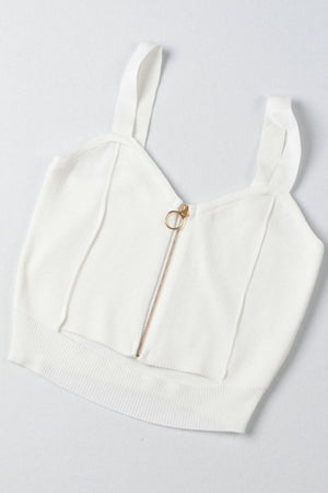White ribbed knit crop top with gold ring zipper detail