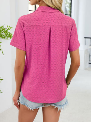 Hot Pink eyelet polo collar blouse with short sleeves and a relaxed fit.