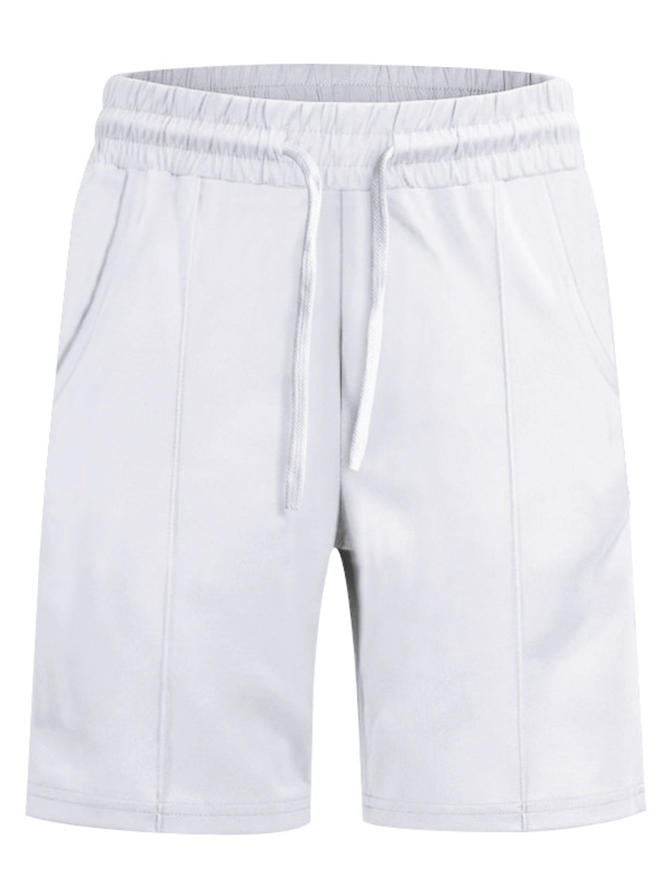 White drawstring shorts with elastic waistband and pockets.