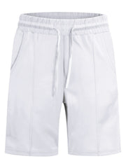 White drawstring shorts with elastic waistband and pockets.