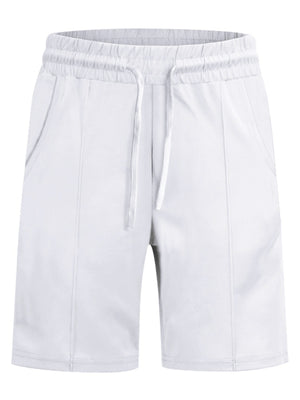 White drawstring shorts with elastic waistband and pockets.
