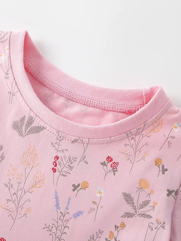Children's pink floral print A-line dress with crew neck and pink trim.