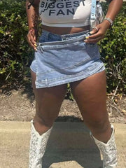Asymmetrical Wrap Denim Shorts in Blue, model styling view