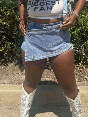 Asymmetrical Wrap Denim Shorts in Blue, model styling view