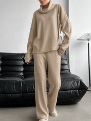 Beige cowl-neck turtleneck and wide-leg pants set for women, casual comfort loungewear.