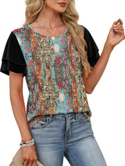 Layered ruffled sleeve t-shirt with multicolor paisley print and black sleeves.