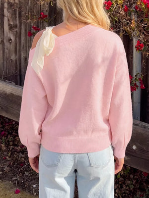 One Shoulder Bow Detail Sweater in Pink, back view