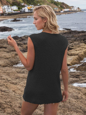 Black openwork button-down knit vest with a ribbed texture.