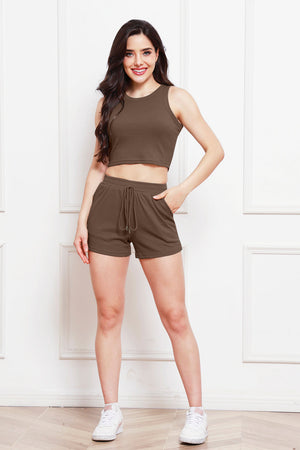 Mocha ribbed tank top and drawstring shorts set with a racerback neckline and elastic waistband.