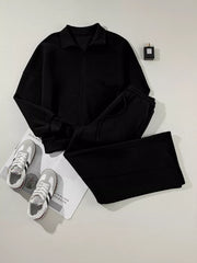 Black zip-up jacket and drawstring pants set, cotton, casual activewear.