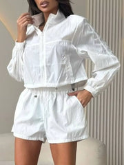 Zip Up Long Sleeve Outerwear And Shorts Set, back view