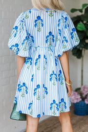 Floral stripe puff sleeve mini dress with blue floral print and adjustable waist.