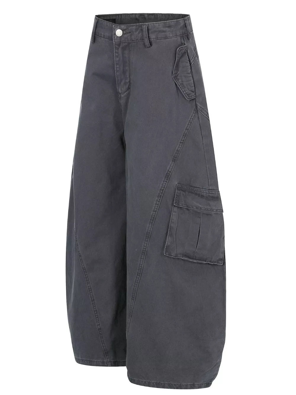 Grey wide-leg cargo pants with prominent pocket details and contemporary cut.