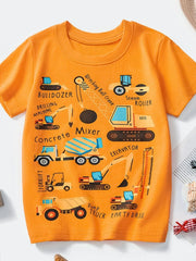 Orange cotton crew neck t-shirt with a playful construction vehicle print for kids.