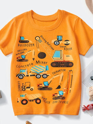 Orange cotton crew neck t-shirt with a playful construction vehicle print for kids.