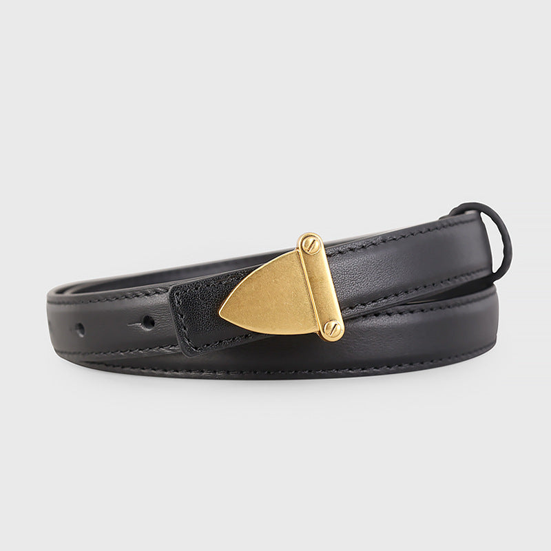 Black cowhide leather belt with a golden triangular buckle