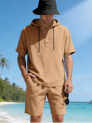 Men's linen blend hooded top and shorts set in Khaki with drawstring hood and button placket.