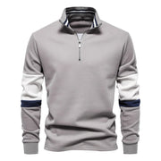 Gray zip-neck sweatshirt with colorblock sleeves and striped collar.