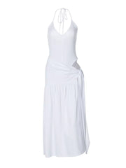 White halter neck ruched maxi dress with deep v-neck and side tie detail