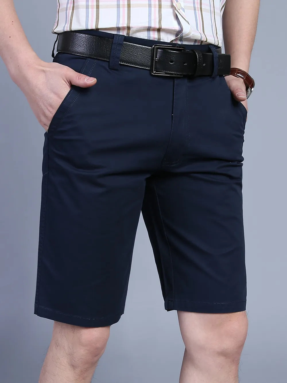 Men's Royal Blue Belted Chino Shorts with pockets and black belt