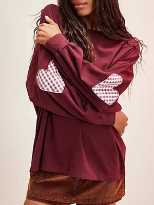Heart Patch Long Sleeve Sweatshirt in Burgundy, front view