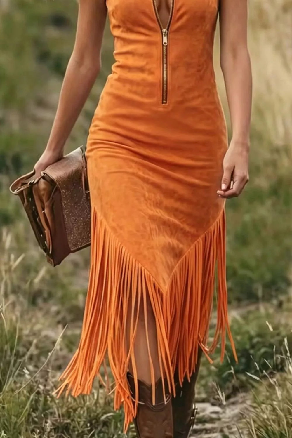Orange midi dress with zipper and fringe hem, styled with a handbag and boots.