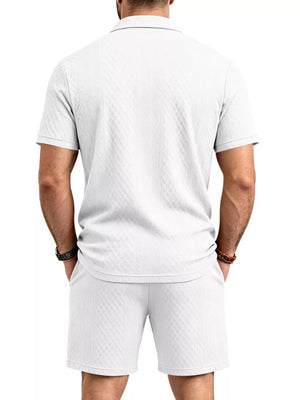 Men's Textured Short Sleeve Polo & Shorts Set in Dark Gray, view 11