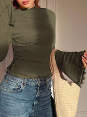 Army green lettuce edge flare sleeve t-shirt with lettuce edge hem and cuffs.