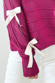 Deep Rose ribbed knit sweater with bow sleeve detail, acrylic fabric.