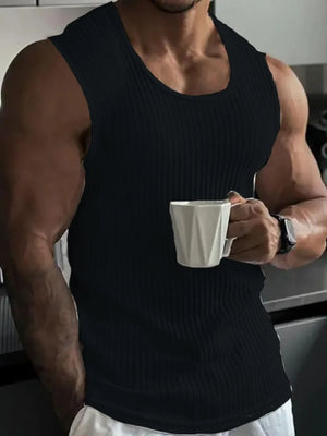 Black ribbed tank top with athletic fit and scoop neck.