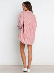 Oversized red and white striped shirting top with a relaxed fit and button-down collar.