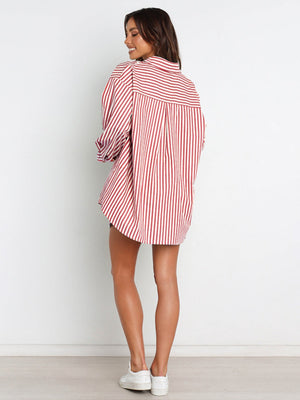Oversized red and white striped shirting top with a relaxed fit and button-down collar.