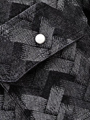 Men's Geometric Patterned Denim Jacket in Black, close-up detail