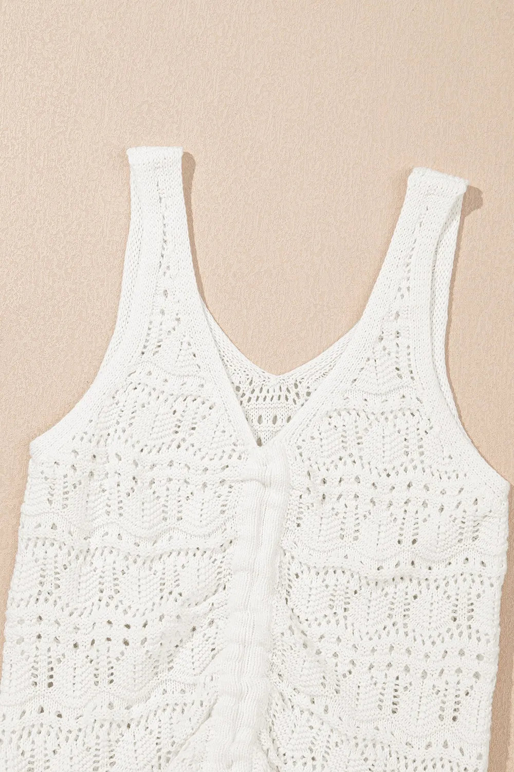 White crochet tank top with ruched front detail and V-neck