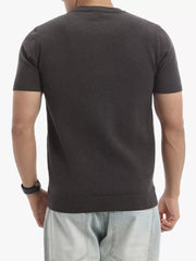 Men's dark gray knit crew neck undershirt with short sleeves and ribbed hem.