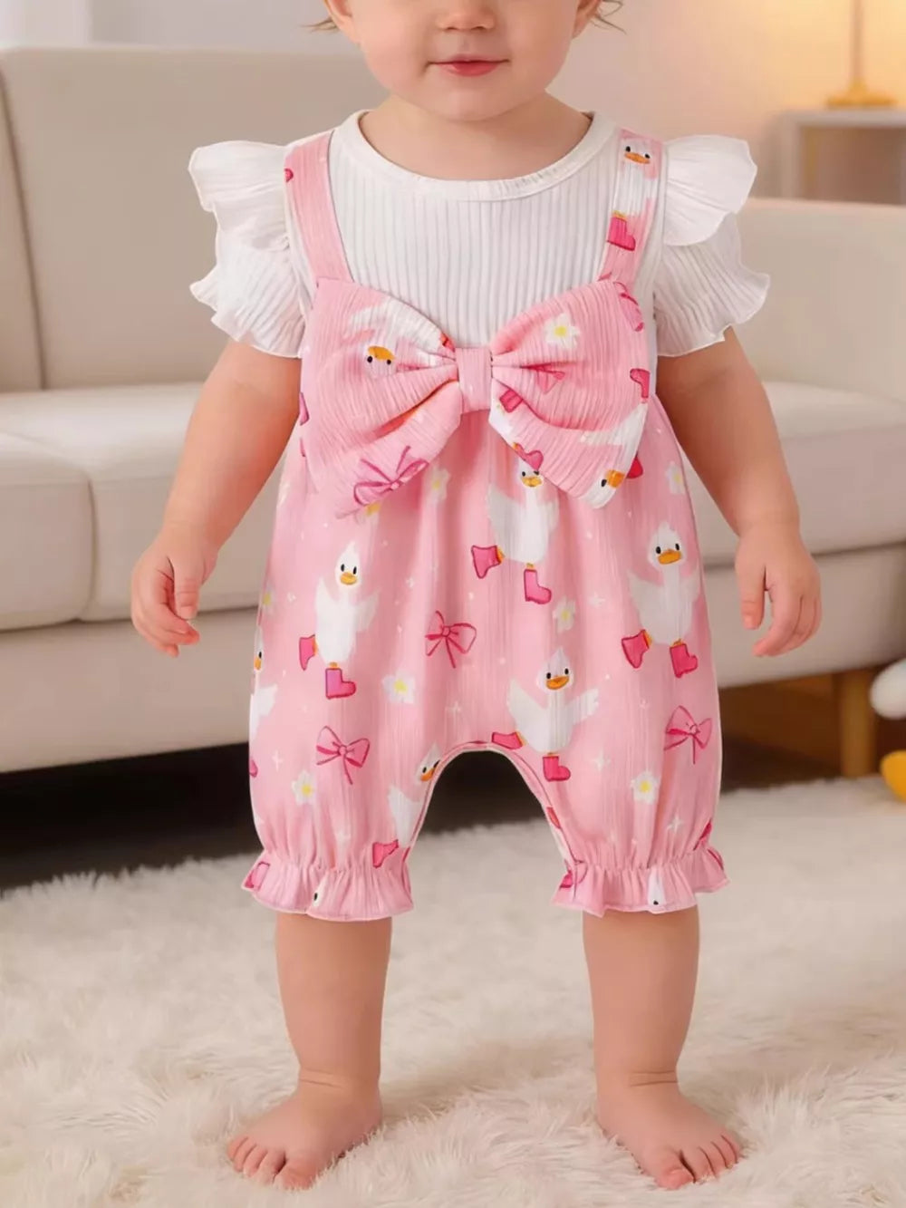 Children's Bow Duck Print Romper With Headband in Pink, front view