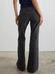 Dark gray low rise flare leg jeans with pockets and classic fit